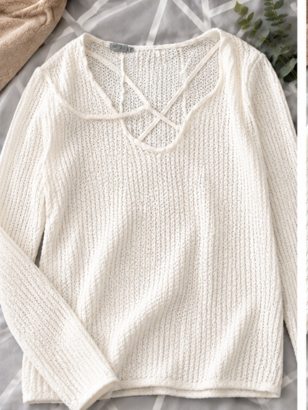 Charlotte Russe Cream Crisscross V-Neck Knit Sweater
